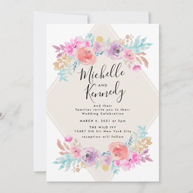 Invitation Pastel Shabby Chic Garden Floral Boho Mariage (Devant)