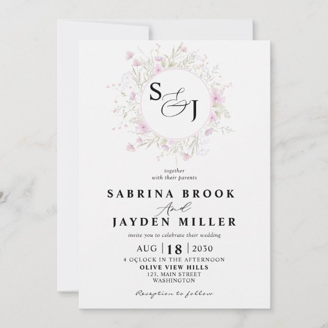 Invitation Pastel Shade Blush rose Wild Mariage Invit (Devant)