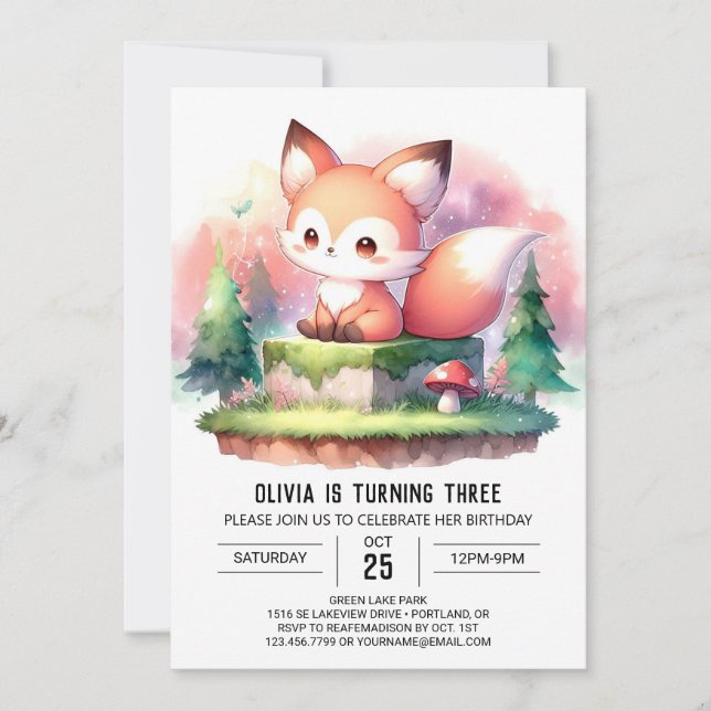 Invitation Pastel Simple Fox Anniversaire numérique (Devant)