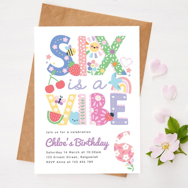 Invitation Pastel Sixth Birthday Invite Girl, Six is the Vibe (Créateur téléchargé)