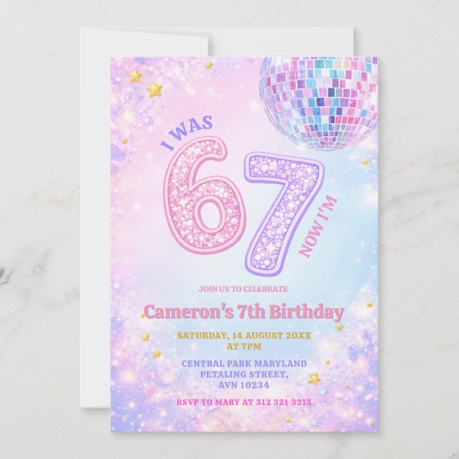 Invitation Pastel Sparkle Disco Glam 67 Kids Birthday Party (Devant)