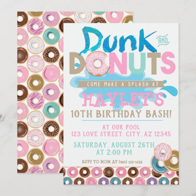 Invitation Pastel Splash Pool Dunk n Donut Party Anniversaire (Devant / Derrière)