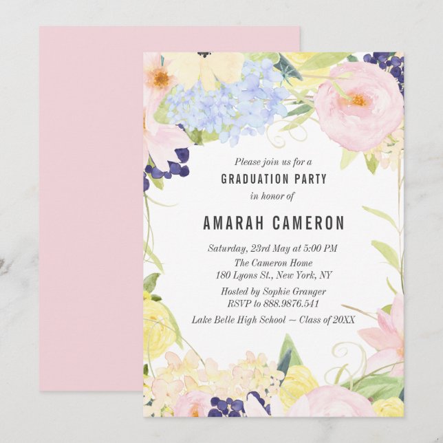 Invitation Pastel Spring Watercolor Flowers Graduation Party (Devant / Derrière)