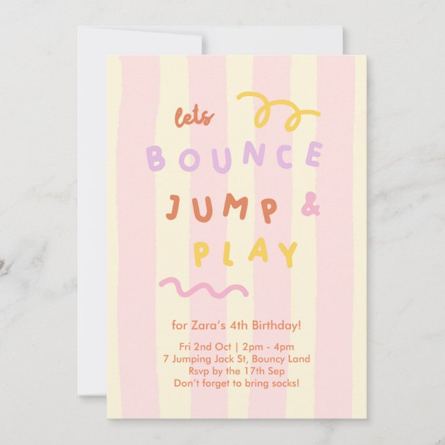 Invitation Pastel Stripe Girls Bounce Jump Play Party (Devant)