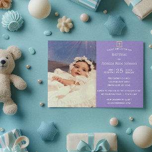 Invitation Pastel Stripes Lavande Photo Baptême Christening