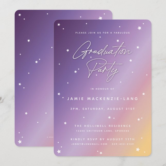 Invitation Pastel Sunset Script et Stars Graduation Party (Devant / Derrière)