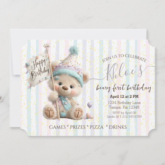 Invitation Pastel Teddy Bear Birthday  (Devant)