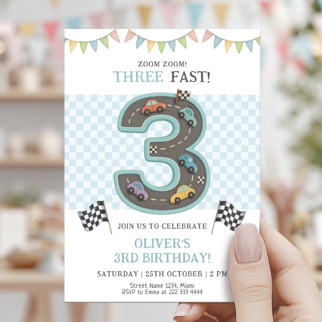 Invitation Pastel Three Fast Birthday Car (Créateur téléchargé)