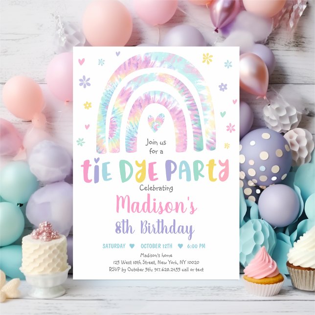 Invitation Pastel Tie Dye Rainbow Boho Hippie Girls Anniversa (Créateur téléchargé)