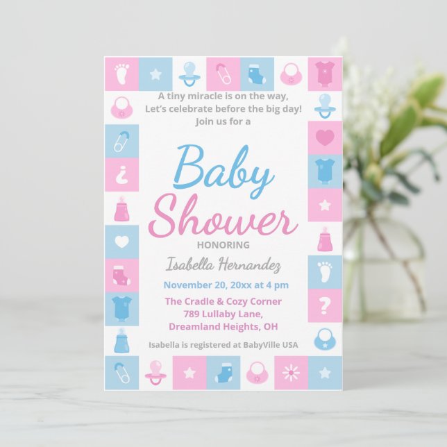 Invitation Pastel Tiny Icons Baby Shower (Debout devant)