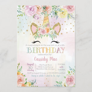Invitation Pastel Unicorn Floral Enfants Anniversaire