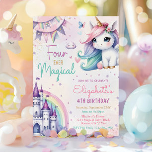 Invitation Pastel Unicorn Four Ever Magique 4e anniversaire