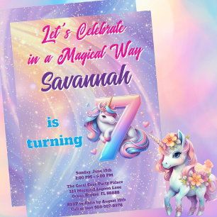 Invitation Pastel Unicorn Magique 7e fête d'anniversaire