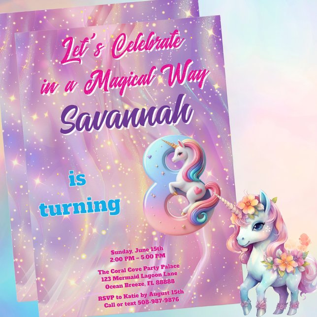 Invitation Pastel Unicorn Magique 8ème anniversaire (Magical Unicorn Birthday Party Invitation)