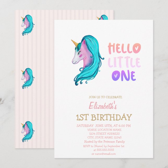 Invitation Pastel Unicorn rayé Bonjour Petit Un Anniversaire (Devant / Derrière)