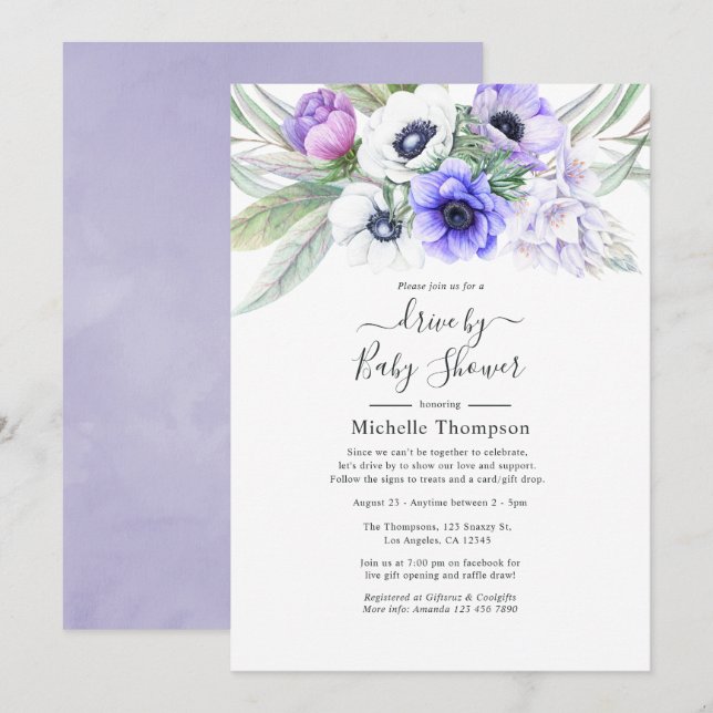 Invitation Pastel Violet Floral Drive By Bridal or Baby Showe (Devant / Derrière)