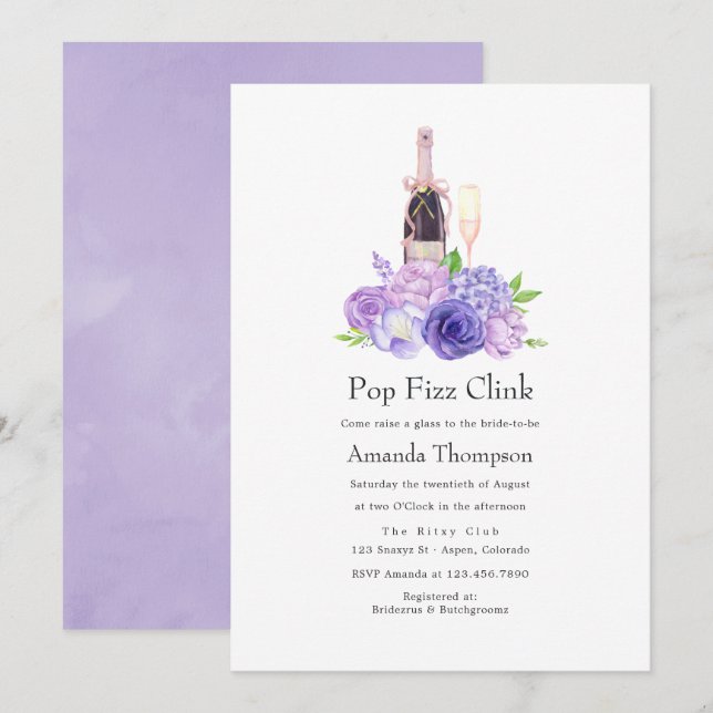 Invitation Pastel Violet Floral Pop Fizz Clink Fête des marié (Devant / Derrière)
