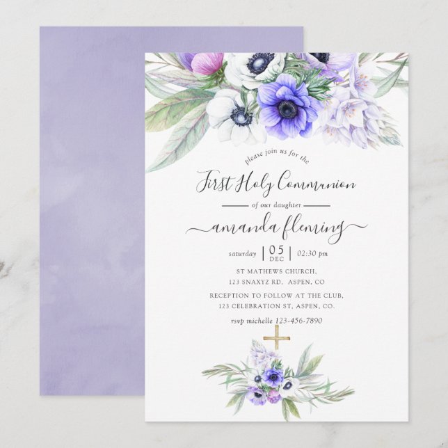 Invitation Pastel Violet Floral Première Sainte Communion (Devant / Derrière)