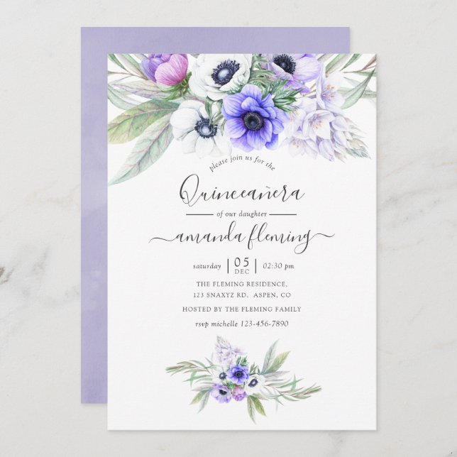 Invitation Pastel Violet Floral Quinceañera (Devant / Derrière)