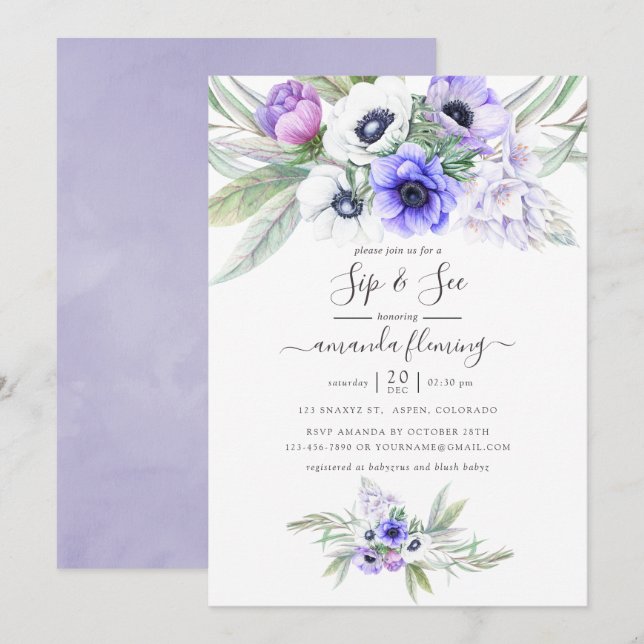 Invitation Pastel Violet Floral Sip and See (Devant / Derrière)