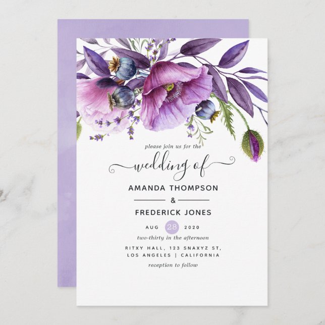Invitation Pastel Violet Poppy Mariage floral (Devant / Derrière)