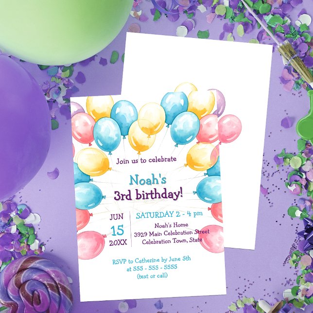 Invitation Pastel Watercolor Balloons fête d'anniversaire (Créateur téléchargé)