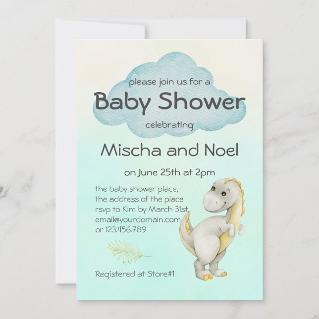 Invitation Pastel Watercolor Cute Modern T Rex Baby shower (Devant)