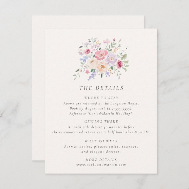 Invitation Pastel Watercolor Floral Wedding Details Card (Devant / Derrière)