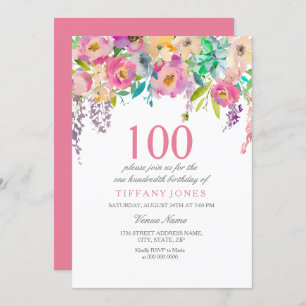 Invitation Pastel Watercolor Flowers 100e fête d'anniversaire