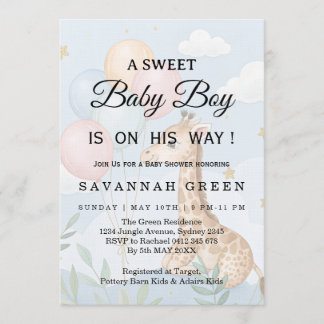 Invitation Pastel Watercolor Giraffe Baby Boy Invite