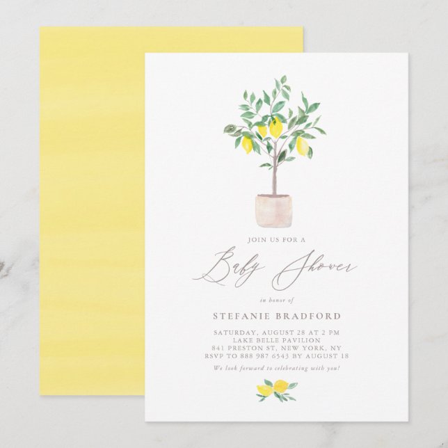 Invitation Pastel Watercolor Lemon Tree Baby shower d'été (Devant / Derrière)