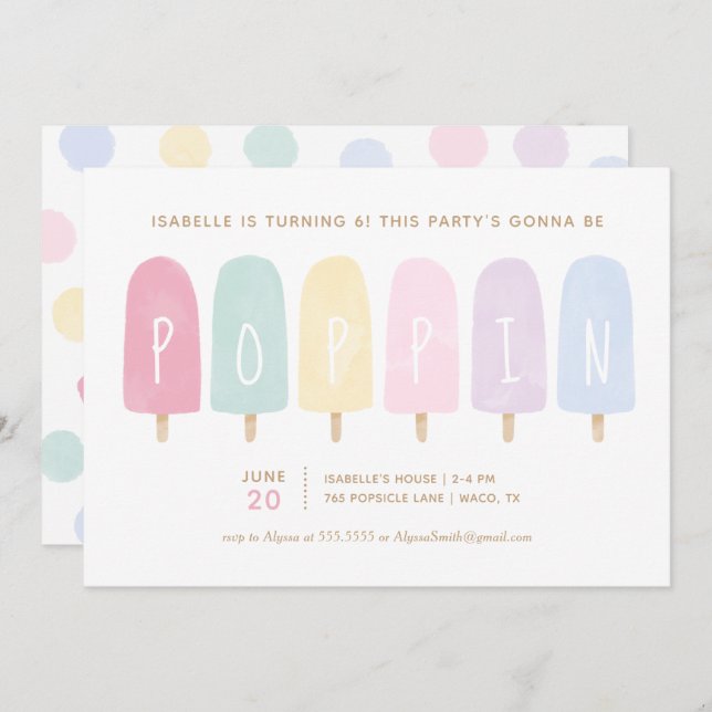 Invitation Pastel Watercolor Popsicle Girl Birthday Party (Devant / Derrière)