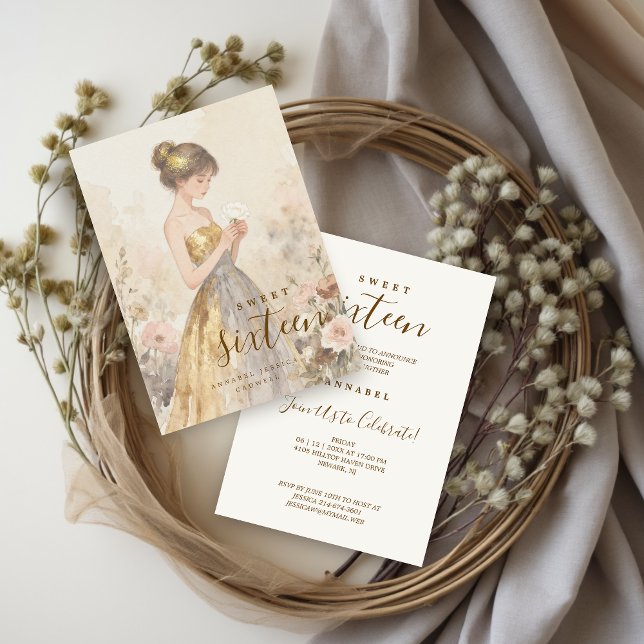 Invitation Pastel Watercolor Sweet Sixteen Girl & Flowers (Soft Pastel Watercolor Effect Young Woman in Golden and Gray Strapless Gown Invitation.)