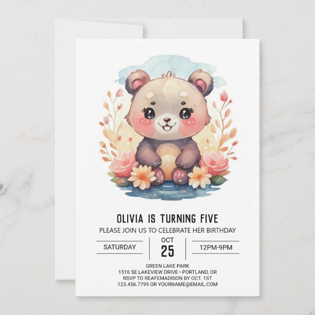 Invitation Pastel Whimsical Bear Girl Anniversaire (Devant)