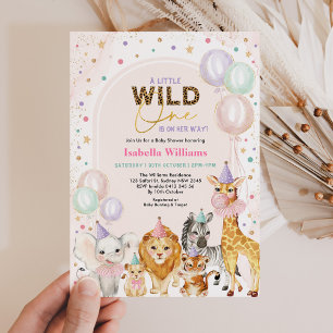 Invitation Pastel Wild Party Animaux Balloon Girl Baby shower