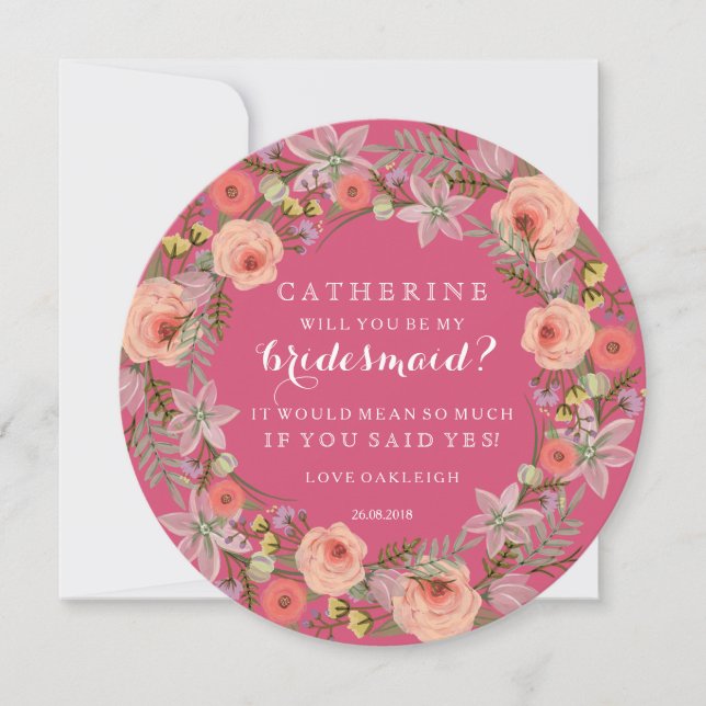 Invitation Pastel Wreath Seras-Tu Ma Serveuse D'Épouce | Rose (Devant)