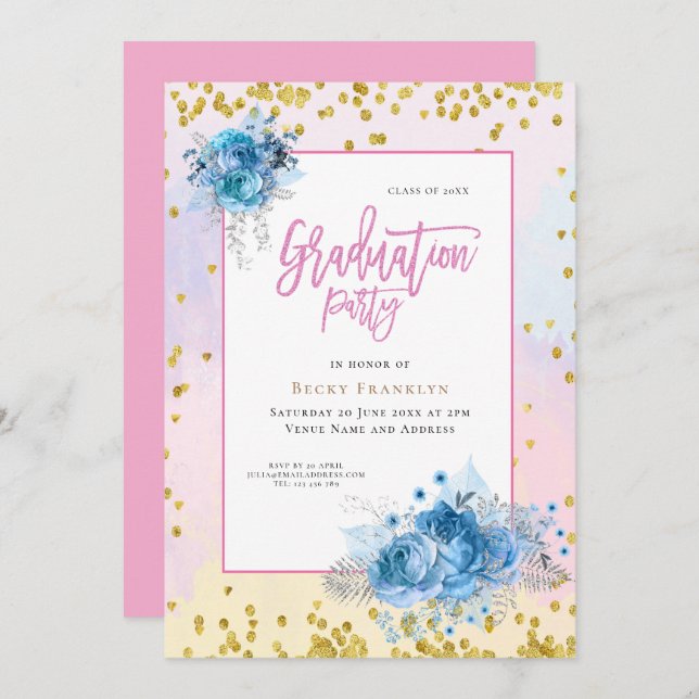 Invitation Pastels doux/floral/Confetti/Graduation (Devant / Derrière)