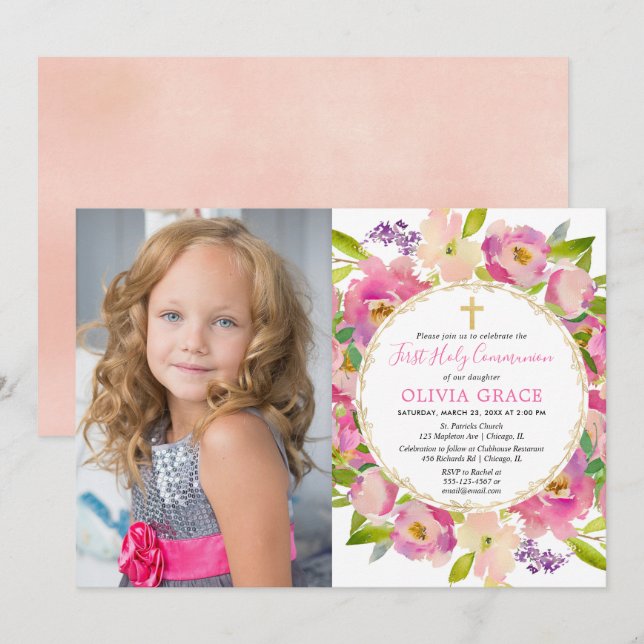Invitation Pastels floral rose vif Première communion photo (Devant / Derrière)