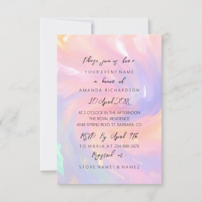 Invitation Pastels Holographiques Roses Mariage Douzième  (Devant)