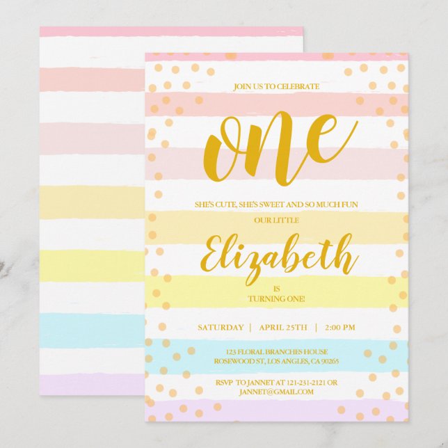 Invitation Pastels Pink Stripes Dot Watercolor Girls Annivers (Devant / Derrière)