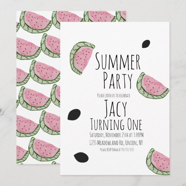 Invitation Pastèque Anniversaire Aquarelle Été Graines (Devant / Derrière)