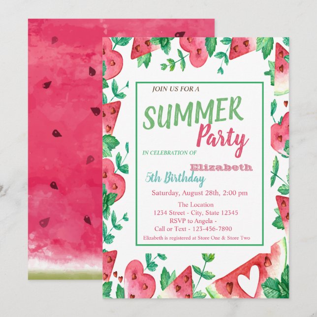 Invitation Pastèque, Anniversaire Fête d'été  (Devant / Derrière)