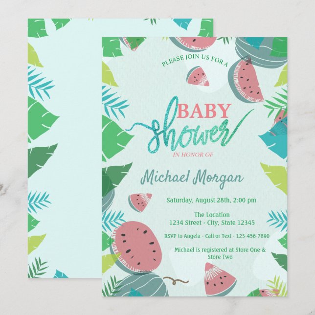 Invitation Pastèque mignonne, feuilles tropicales  Baby Showe (Devant / Derrière)