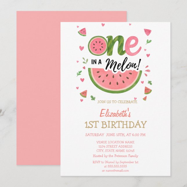 Invitation Pastèque One In A Melon 1er Anniversaire  (Devant / Derrière)