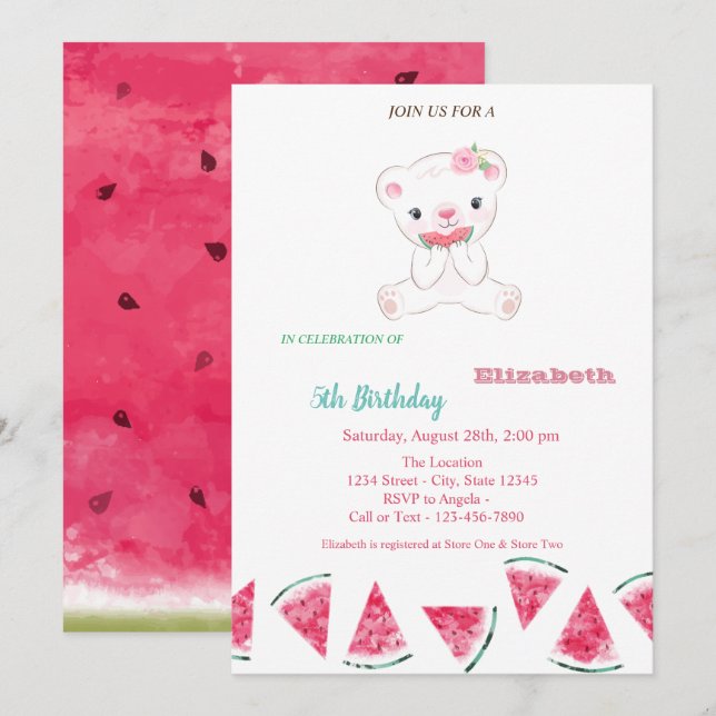 Invitation Pastèque, ours en peluche mignon fête d'été annive (Devant / Derrière)