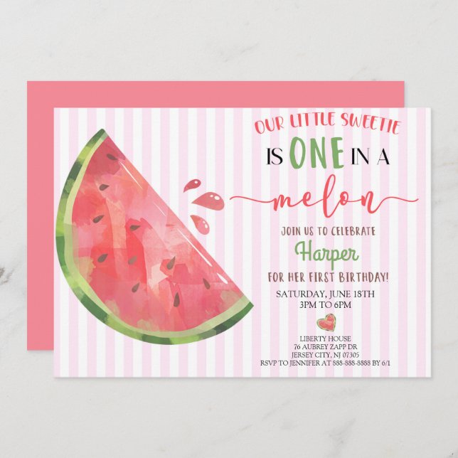 Invitation Pastèque Rose Un Dans Un Melon 1er Anniversaire (Devant / Derrière)