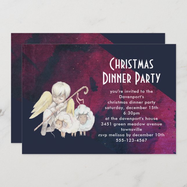 Invitation Pasteur de Noël Ange avec agneaux Noël (Devant / Derrière)