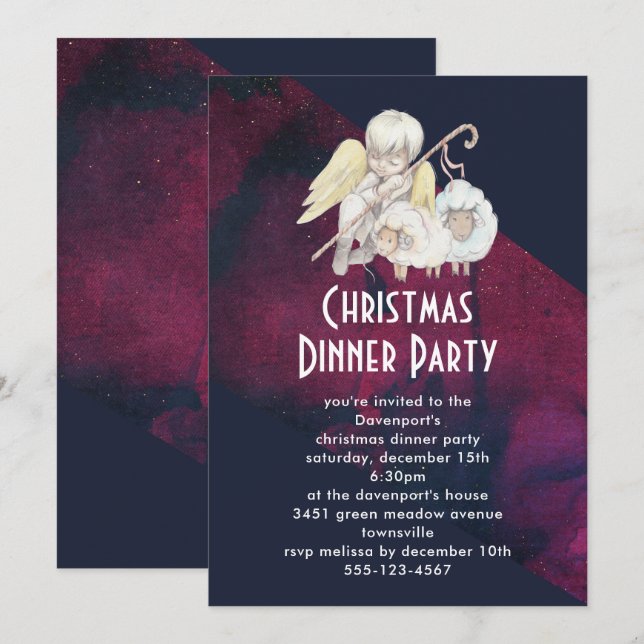Invitation Pasteur de Noël Ange avec Fête des Agneaux (Devant / Derrière)