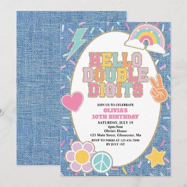 Invitation Patch Denim Hello Double Digits 10e Anniversaire (Devant / Derrière)