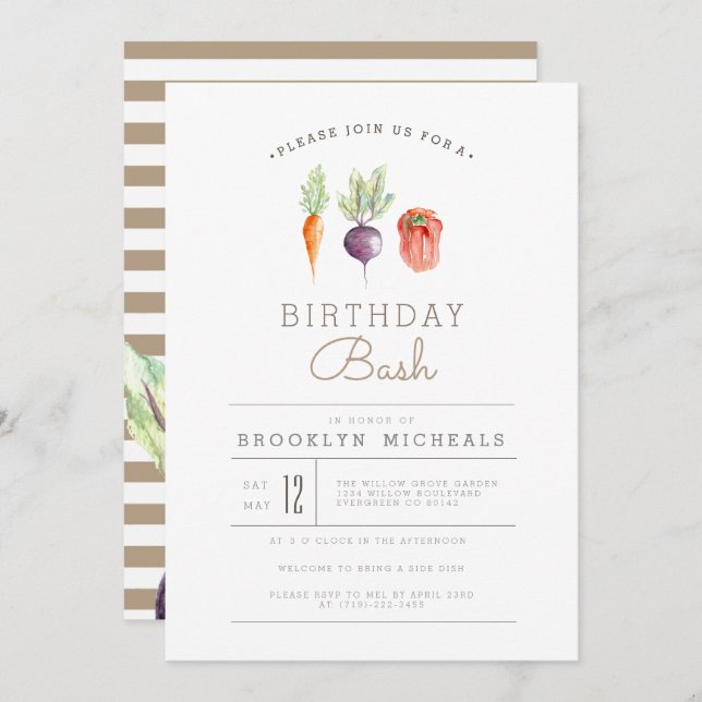 Invitation Patch Veggie | Aquarelle Anniversaire Bash (Devant / Derrière)